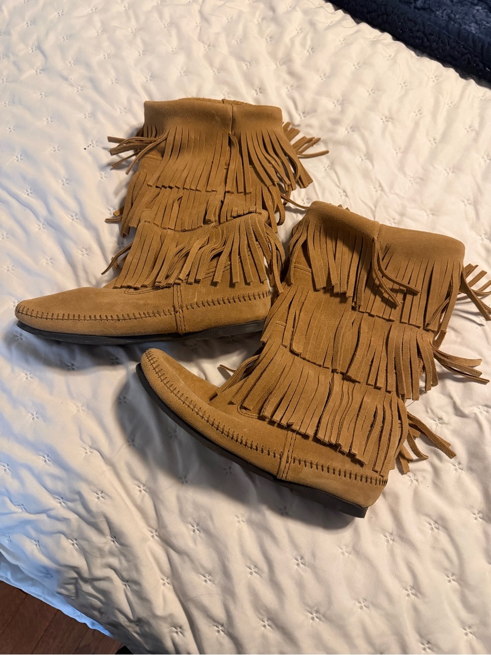 Minnetonka Triple Fringe Suede Moccasin Boots - brown